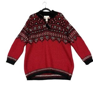 Jones New York Sweater Womens Large Red Fair Isle 1/4 Zip Mock Neck Wool Knit